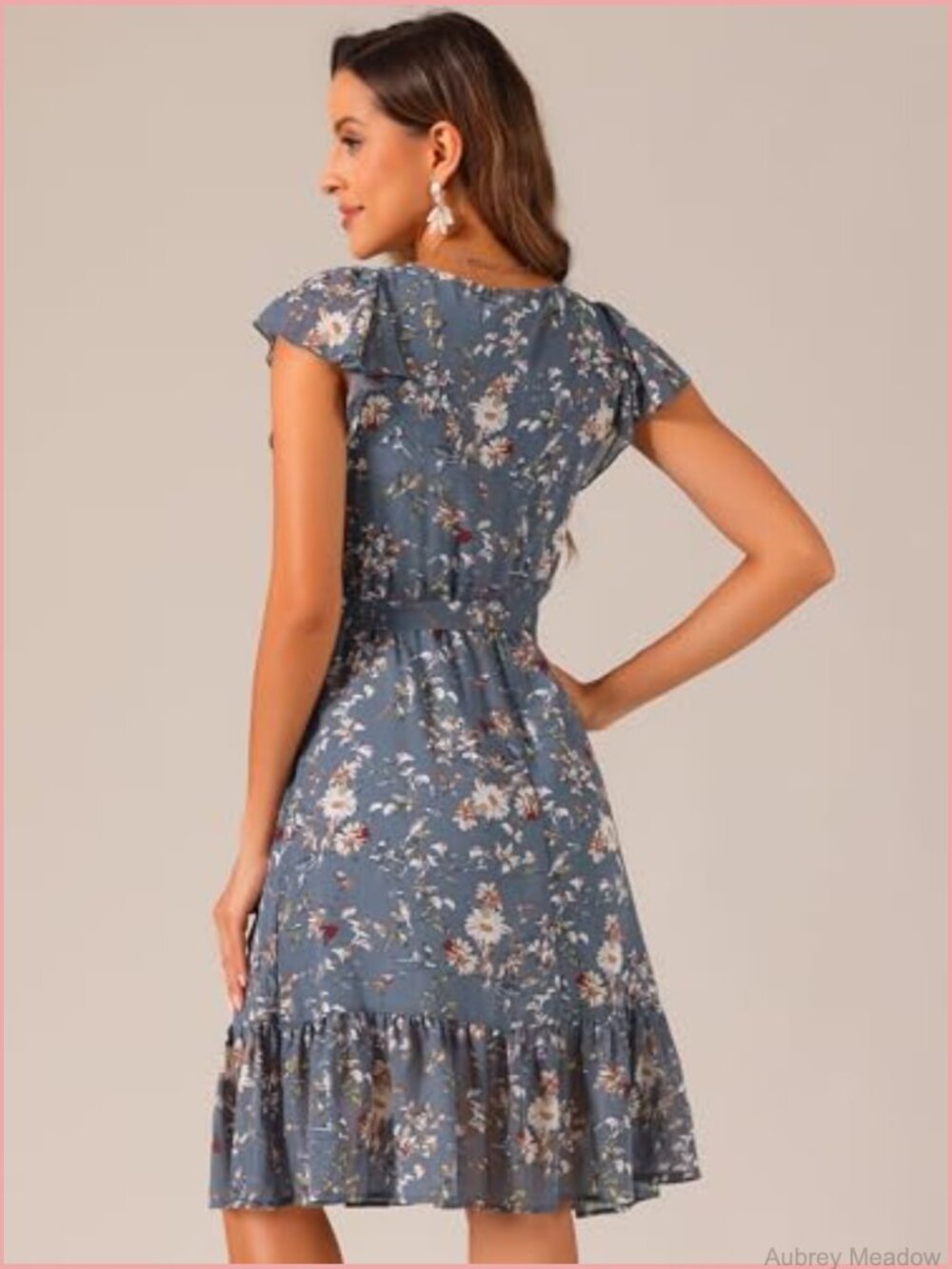Midi Floral Chiffon Dress Flutter Sleeve Square Neck Belted Ruffled - Picture 4 of 7
